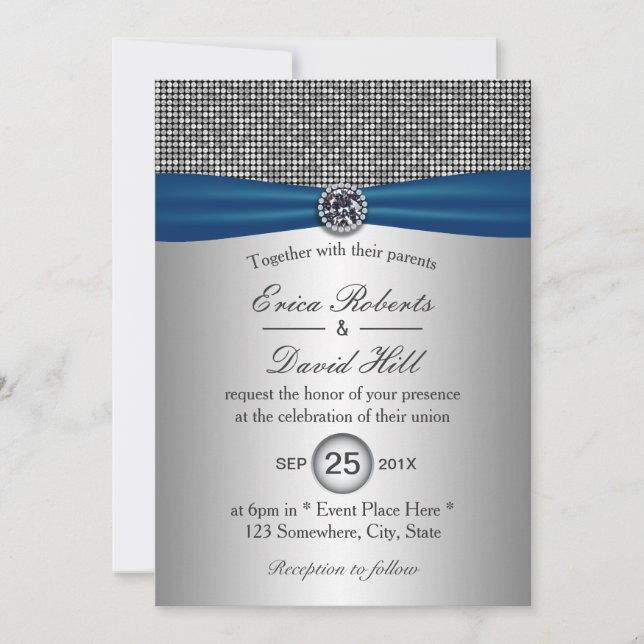 Invitación Elegante Cinta azul Boda Purpurina plateado modern (Anverso)