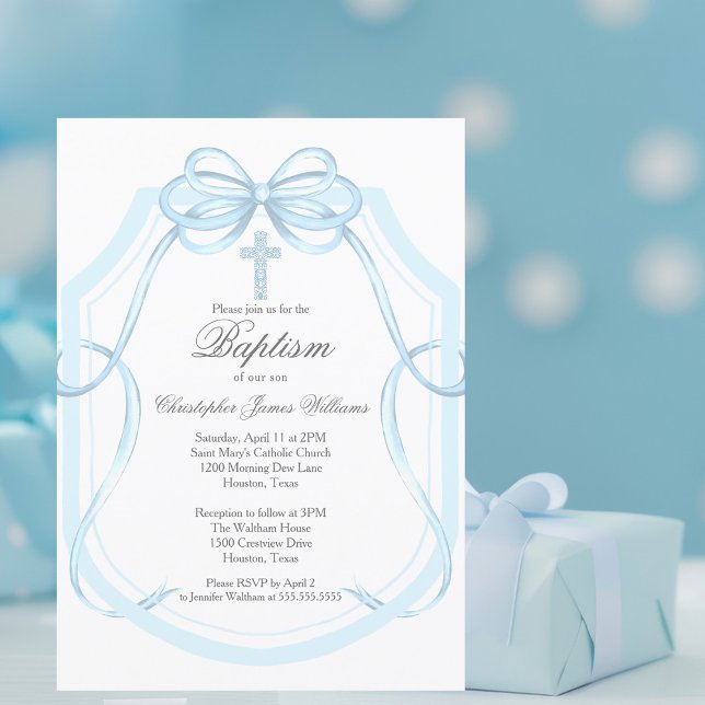 Invitación Elegante Cinta Azul Bow Baptism Cruz Fiesta (Subido por el creador)