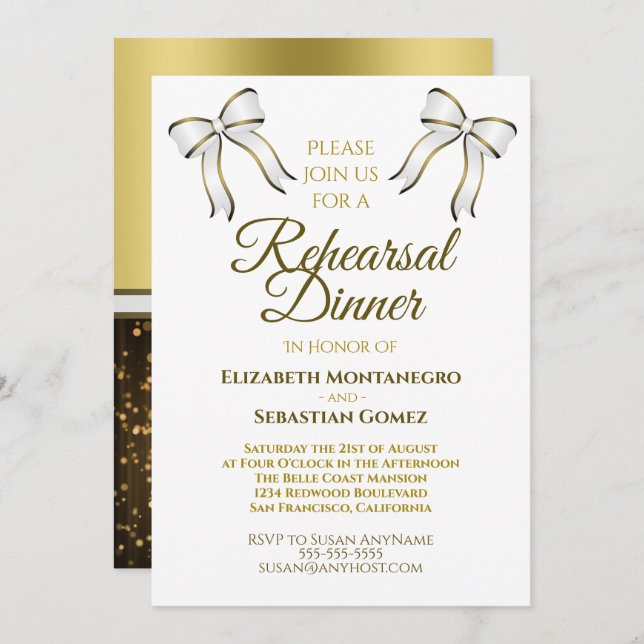 Invitación Elegante Cinta dorada y Boda de barbacoa Cena (Anverso / Reverso)