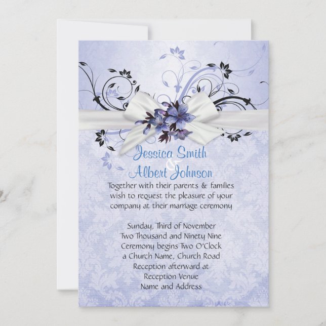 Invitación Elegante Cinta Floral Azul Damask Invite (Anverso)