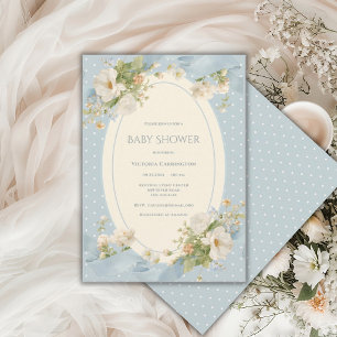 Invitación Elegante Cinta Floral de Lunares Azules Baby Showe