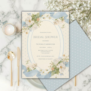 Invitación Elegante Cinta Floral de Lunares Azules para Despe