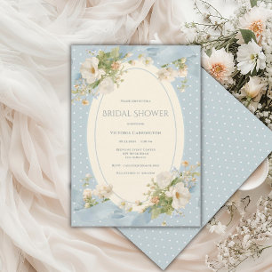 Invitación Elegante Cinta Floral de Lunares Azules para Despe