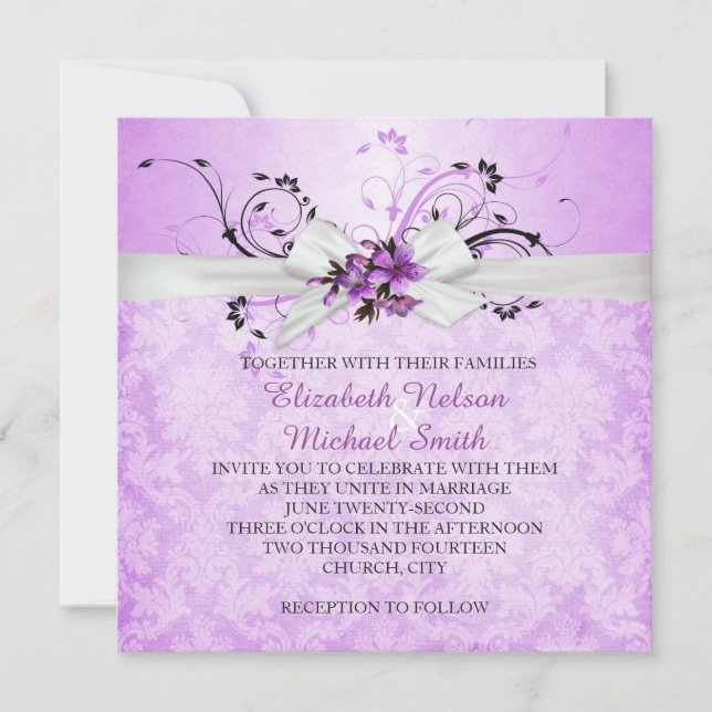 Invitación Elegante Cinta Floral Purple Damask Invite (Anverso)