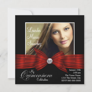 Invitación Elegante Cinta Roja Negra Foto Quinceañera
