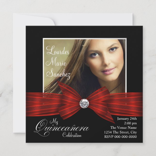 Invitación Elegante cinta roja negra foto roja quinceanera (Anverso)