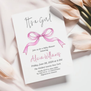 Invitación Elegante Cinta Rosa Bow Baby Girl Baby Shower