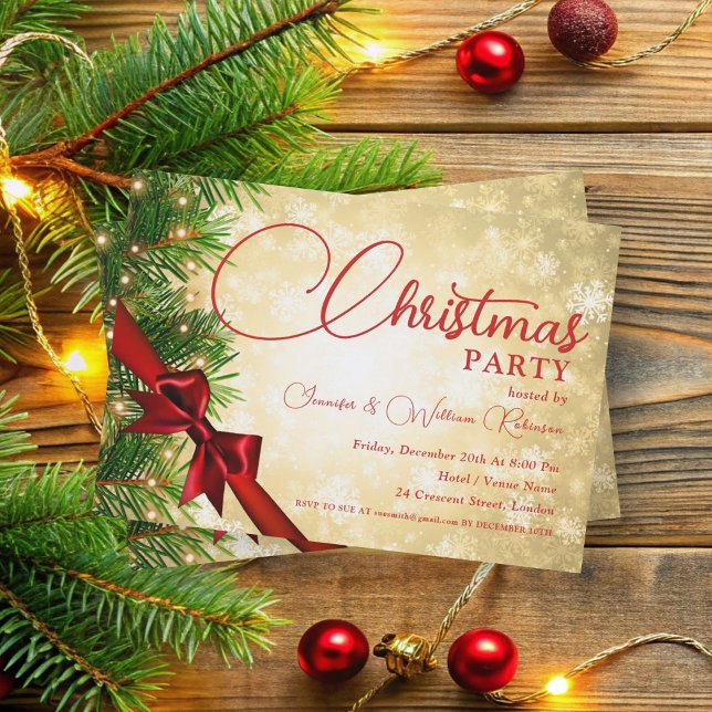 Invitación Elegante Cinta y Fiesta de Oro Pino (Elegant Ribbon & Pine Gold Xmas Holiday Invitation)