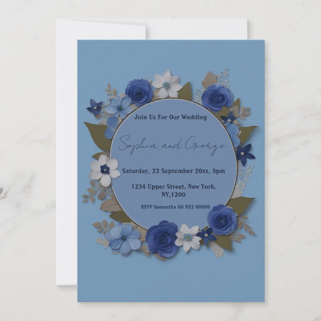 Invitación Elegante Círculo de Boda Flores de Marina Plata (Anverso)