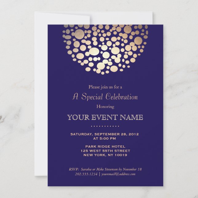 Invitación Elegante Círculo de Oro Esfera Azul Marino Formal (Anverso)