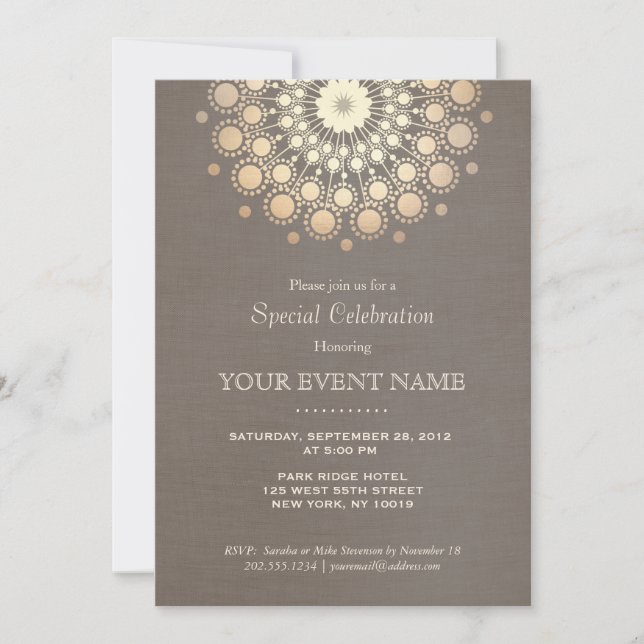 Invitación Elegante Círculo Dorado Motif Taupe Linen Aspecto  (Anverso)