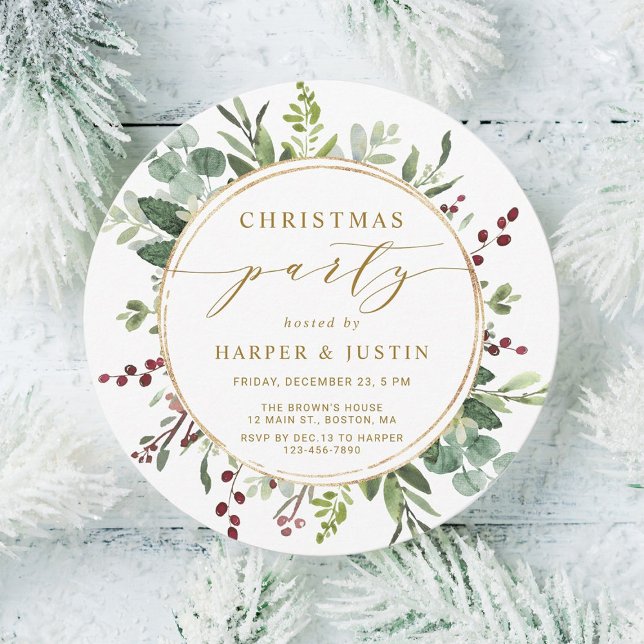 Invitación Elegante círculo Fiesta de Navidades de oro botáni (Subido por el creador)