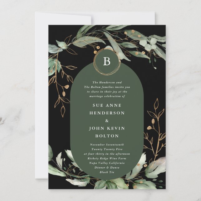 Invitación Elegante Círculos de Oro Eucalyptus Boho Moss Verd (Anverso)