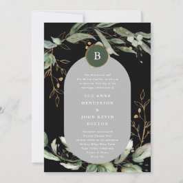 Invitación Elegante Círculos de Oro Eucalyptus Boho Moss Verd