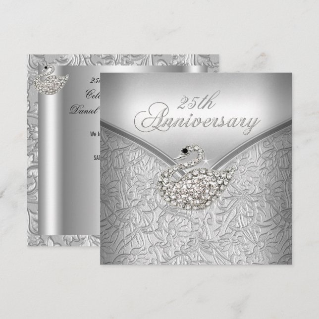 Invitación Elegante Cisne Blanco Damasco de Plata 25 años (Anverso / Reverso)