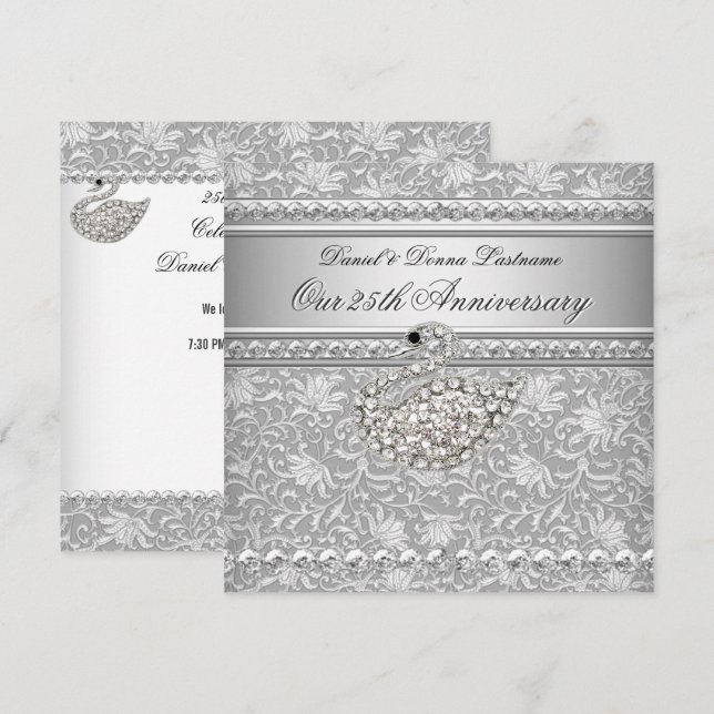 Invitación Elegante Cisne de Damasco Plata 25 Aniversario 2 (Anverso / Reverso)