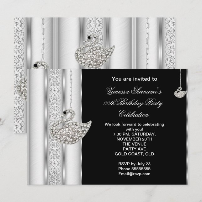 Invitación Elegante Cisne de Diamante Blanco Plata Nacimiento (Anverso / Reverso)