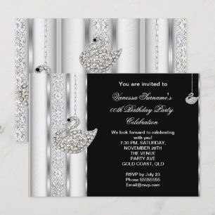 Invitación Elegante Cisne de Diamante Blanco Plata Negro Cump