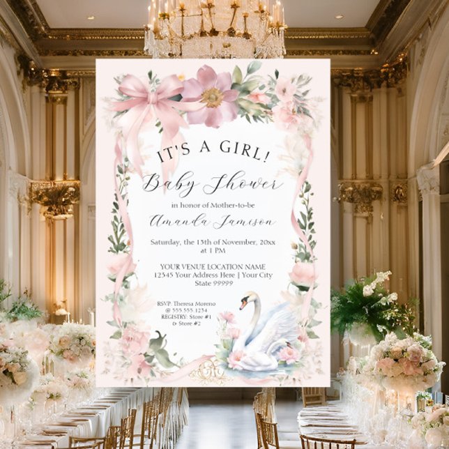 Invitación Elegante cisne floral Rubor Cinta rosa Baby Shower (Subido por el creador)