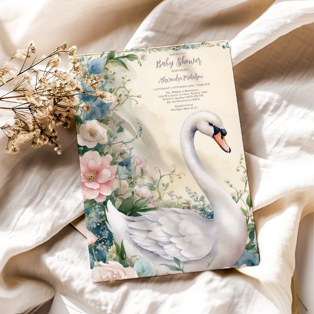 Invitación Elegante cisne floral Rubor rosado Baby Shower (Subido por el creador)