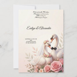 Invitación Elegante cisne novia y novio floral rosa pálido 3D