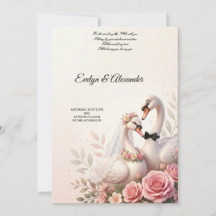 Invitación Elegante cisne novia y novio floral rosa pálido 3D