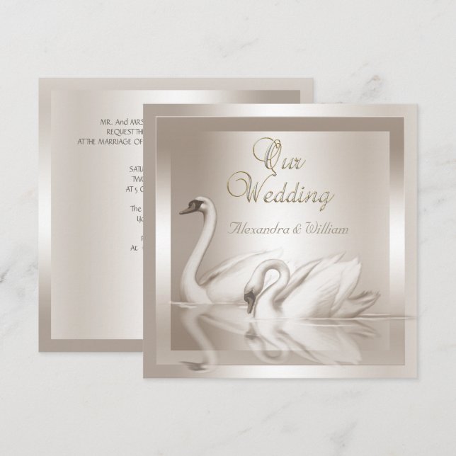 Invitación Elegante Cisnes de Boda Damask Cream White (Anverso / Reverso)