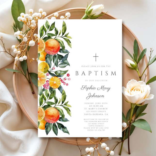 Invitación Elegante Cítrico Botánico Bautismo Chica Religioso (Elegant Botanical Citrus Religious Girl Baptism Invitation)