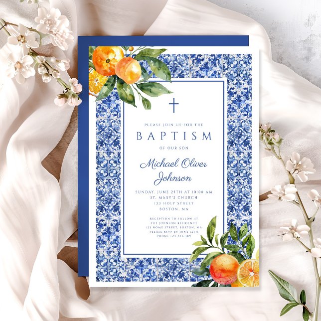 Invitación Elegante Citrus Azulejos Azules Baptismo religioso (Elegant Citrus Blue Tiles Religious Boy Baptism Invitation)
