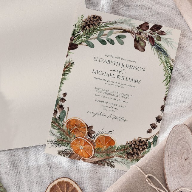 Invitación Elegante Citrus Boho Verdor Boda de Invierno (Easily personalize this formal bohemian citrus invitation for the perfect fall or winter wedding)