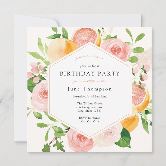 Invitación Elegante Citrus Floral Cumpleaños (Anverso)