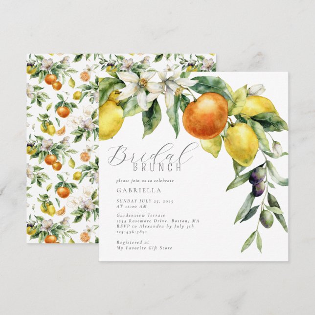 Invitación Elegante Citrus Lemon Naranja Bridal Ducha (Anverso / Reverso)