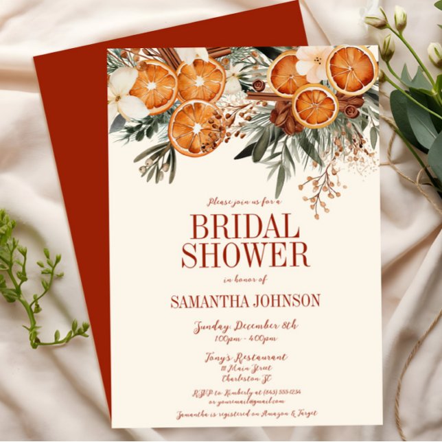 Invitación Elegante Citrus Naranja Floral Bridal Shower (Ivory Orange Citrus Floral Bridal Shower Invitation, Christmas, Fall Autumn, Elegant Modern Wedding)