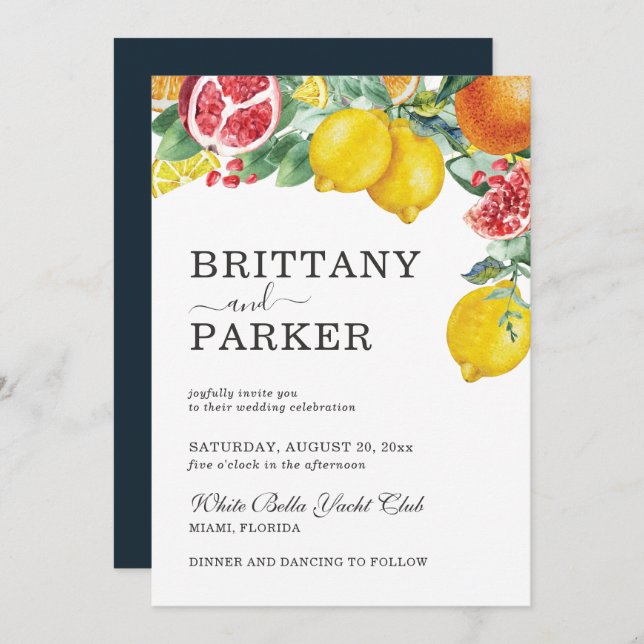 Invitación Elegante Citrus Watercolor Boda Botánico (Anverso / Reverso)