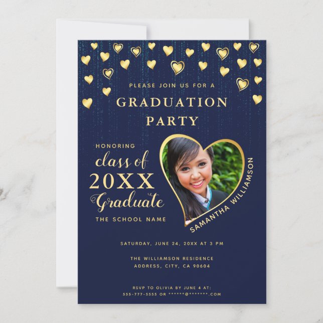 Invitación Elegante Clase 2025 Azul y Oro de la Marina (Anverso)