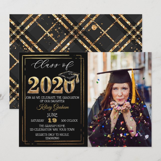 Invitación Elegante Clase de 2020 Foto del Partido de Graduac (Anverso / Reverso)