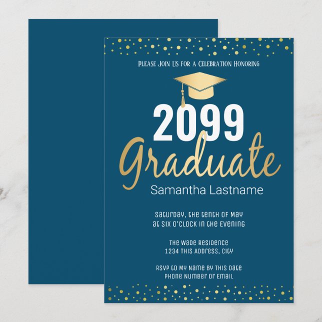 Invitación Elegante Clase de Graduado de Confetti de Oro de 2 (Anverso / Reverso)