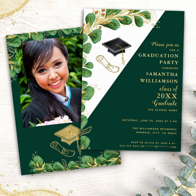 Invitación Elegante Clase de Oro Blanco Verde de 2025 Graduac (Subido por el creador)