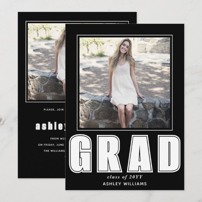 Invitación Elegante clase GRAD en blanco y negro de 2025 foto (Anverso / Reverso)