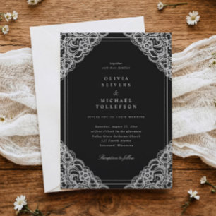 Invitación Elegante Clásico Boda de Encaje Francés Blanco y N