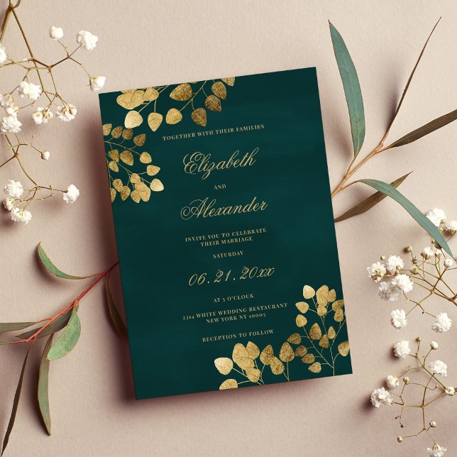 Invitación Elegante clásico boda de eucalipto de oro verde os (Elegant classic dark green gold eucalyptus wedding invitation )