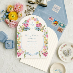 Invitación Elegante Clásico Boda Floral Azul Polvoriento