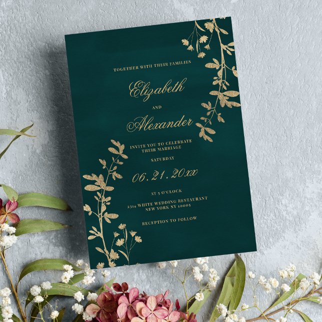 Invitación Elegante clásico boda floral de oro verde oscuro (Elegant classic dark green gold floral wedding )