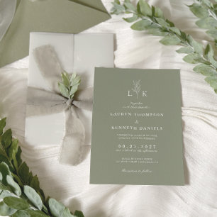 Invitación Elegante Clásico Boda Monograma Hoja Verde Salvia