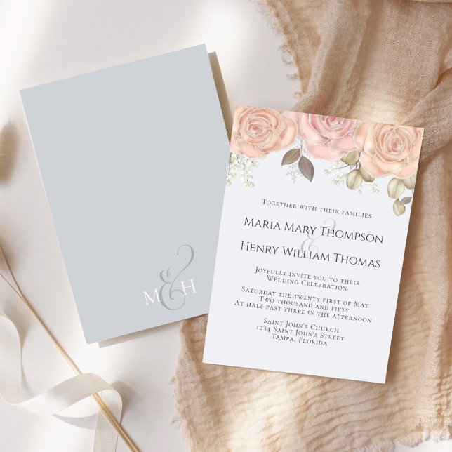 Invitación Elegante clásico Boho floral Rosa azul claro (Elegant blush and light blue rose gold floral wedding invitation)