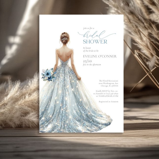Invitación Elegante clásico chispas azul boda vestido floral (Elegant classic blue sparkles wedding gown floral invitation)
