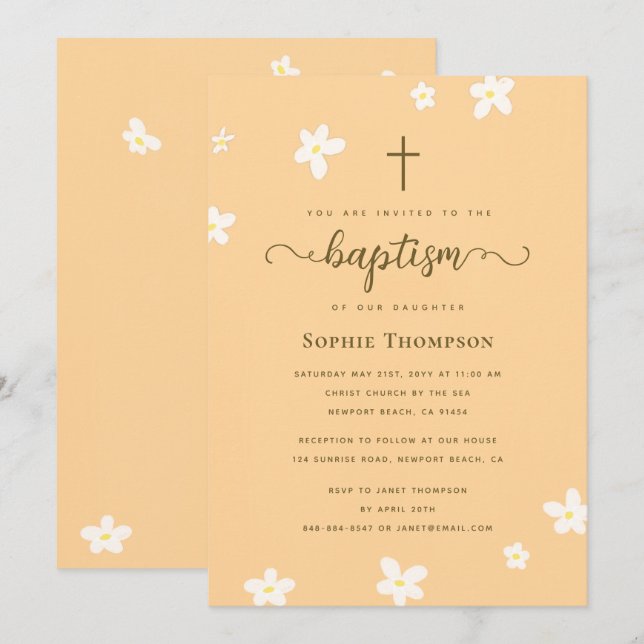 Invitación Elegante Clásico Cruz de Oro Floral Bautismo Relig (Anverso / Reverso)