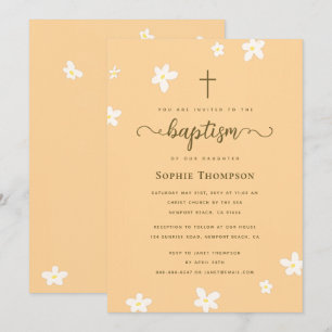 Invitación Elegante Clásico Cruz de Oro Floral Bautismo Relig