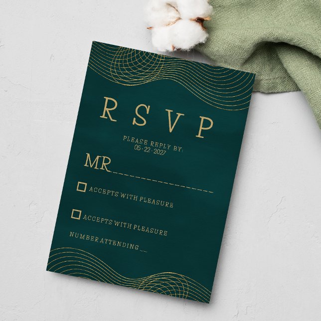 Invitación Elegante clásico de color verde oscuro geométrico  (Elegant classic dark green gold geometric RSVP)