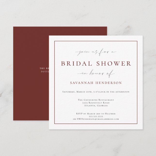 Invitación Elegante Clásico de Ducha Nupcial de Rojo Quemado  (Anverso / Reverso)